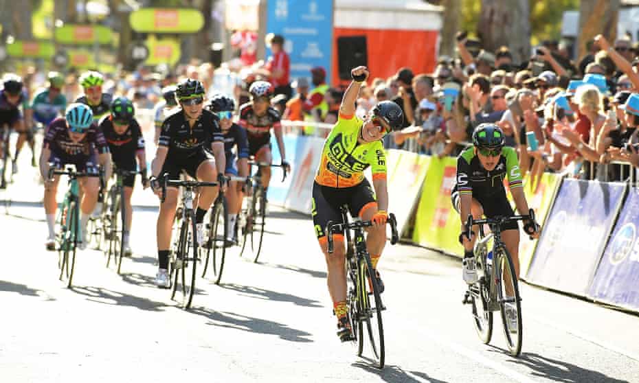 Chloe Hosking and Alé Cipollini celebrate after winning Stage 4 of the Women’s Tour Down Under on 14 January in Adelaide.