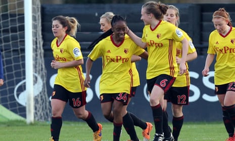 Watford, who have not applied to be part of the new semi-professional league, celebrate scoring against Tottenham in last month’s FA WSL2 game.