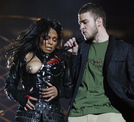 Janet Jackson and surprise guest Justin Timberlake perform during the halftime show at Super Bowl.