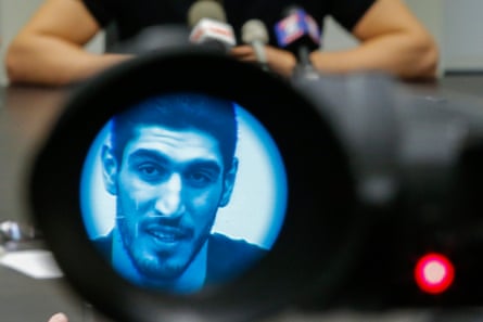 Enes Kanter, seen through a video camera, speaks to reporters in New York on 22 May 2017 after returning to the US following his detention at a Romanian airport.