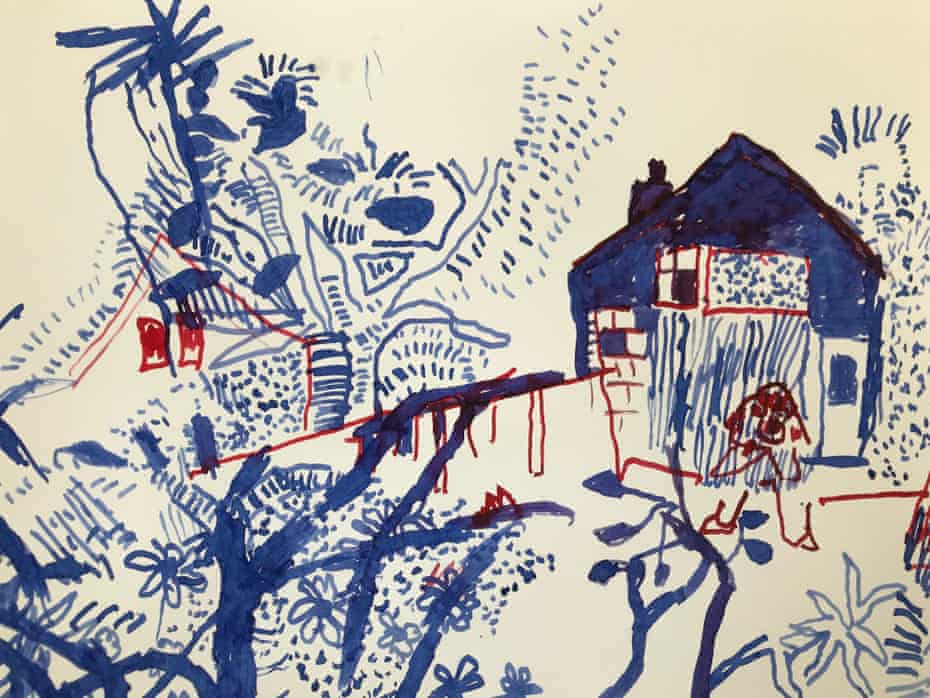 The quill and ink sketch that Philip Sutton made in his daughter’s garden in Dorset – the first work he has been able to do outside of his care home after being confined for 421 days.