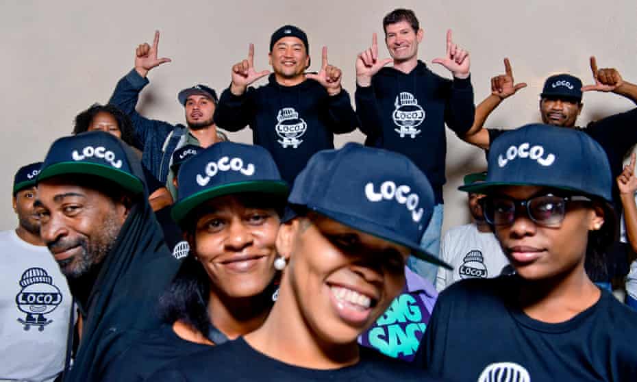 Roy Choi and Daniel Patterson (back row, centre) with the team from LocoL. 