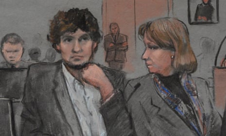 sketch of the defendant Dzhokhar Tsarnaev  and attorney Judy Clarke
