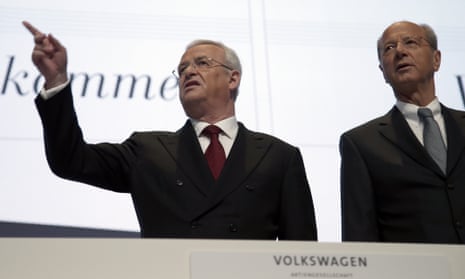 FILE - In this March 13, 2014 file photo then Volkswagen CEO Martin Winterkorn, left, and CFO Hans Dieter Poetsch, right, arrive for the company’s annual press conference in Berlin, Germany. (AP Photo/Michael Sohn, file)
