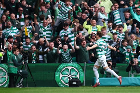 Celtic's Arne Engels celebrates scoring their equaliser in front of joyous Hoops fans.