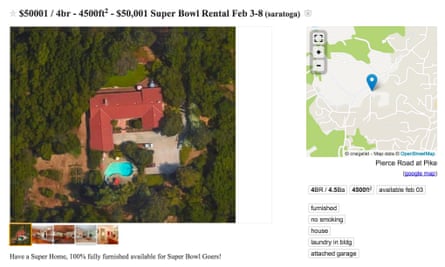 The five-acre estate listed on Craigslist for $50,001 for the week of the Super Bowl.