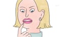 A cartoon of a blond woman with very cracked lips.