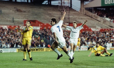 Eric Cantona celebrates one of his three goals in Leeds United’s 5-0 win over Tottenham Hotspur in August 1992, it was the first hat trick in the new Premier League