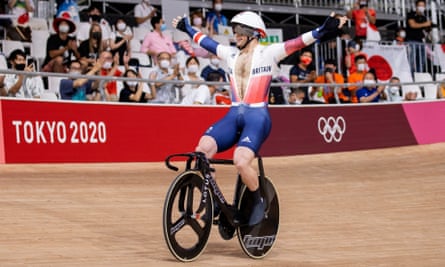 Jason Kenny celebrates winning the gold medal during the Men’s Keirin final last August, his seventh Olympic gold.