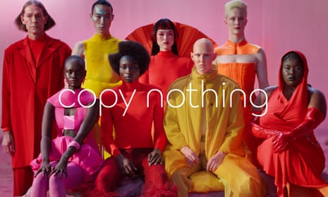 A diverse group of eight models – four sitting, four standing – wearing modern clothes in yellow, pink, red and orange looking at camera with the caption 'copy nothing'