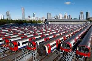 A picture taken with a drone shows at least 12 London Underground trains parked up on the second day of a tube strike. The capital’s skyline behind them includes the London Eye
