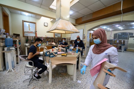 Prosthetics being prepared in the Red Cross rehabilitation centre, Erbil, Kurdistan, northern Iraq.
