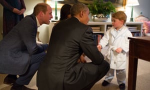 Prince George entertains Barack Obama and Prince William.