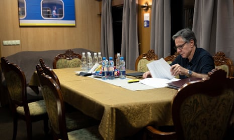 Antony Blinken works on the train while travelling to Kyiv.