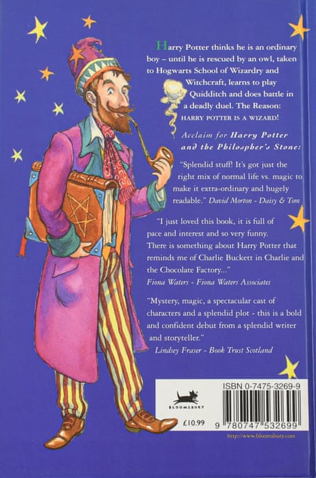 Back cover of a hardback book with a large illustration of a puckish, bearded wizard smoking a pipe with something large in his coat pocket