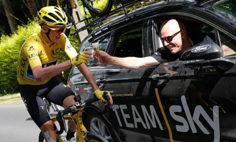 Chris Froome and Dave Brailsford celebrate on the final stage of the 2016 Tour de France. Team Sky have been hit by Froome’s failed test and corporate changes.
