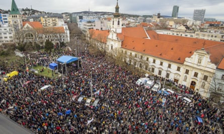 People attend the rally in Bratislava on Thursday.