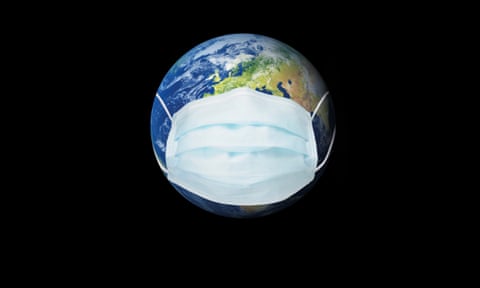 planet earth wearing a protective face mask
