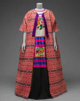 Guatemalan cotton coat worn with Mazatec huipil and plain floor-length skirt from the V&amp;A exhibition