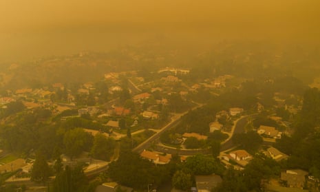 Neighborhoods shrouded in smoke as the Bobcat fire advances toward foothill cities on 13 September 2020 in Monrovia, California.