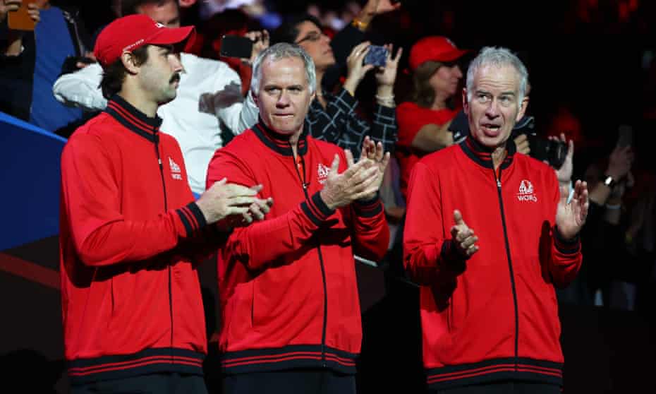 Patrick McEnroe (center) alongside his brother John at the 2019 Laver Cup