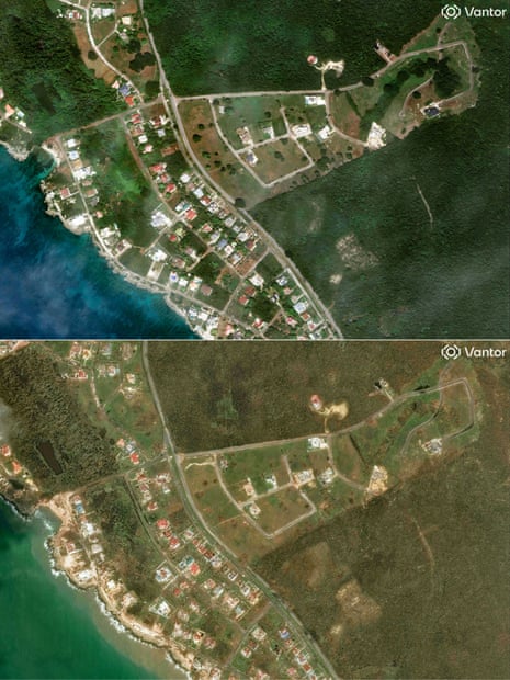This combination of pictures shows an overview of a neighbourhood in White House, Jamaica, before and after the storm.