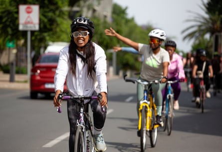 Karabo Mashele, the founder of Girls on Bikes bicycle club on the streets of Johannesburg