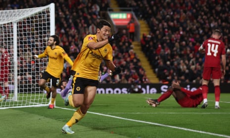 Hwang Hee-chan celebrates after his equaliser puts Wolves level with Liverpool.