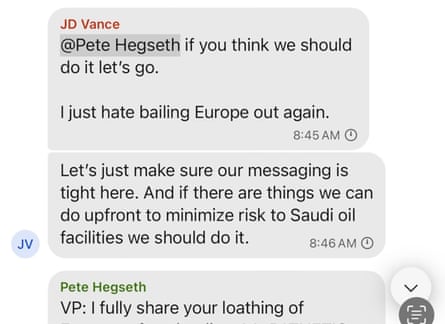 Screenshot from the leaked Signal app conversation between vice president JD Vance and defence secretary Pete Hegseth.
