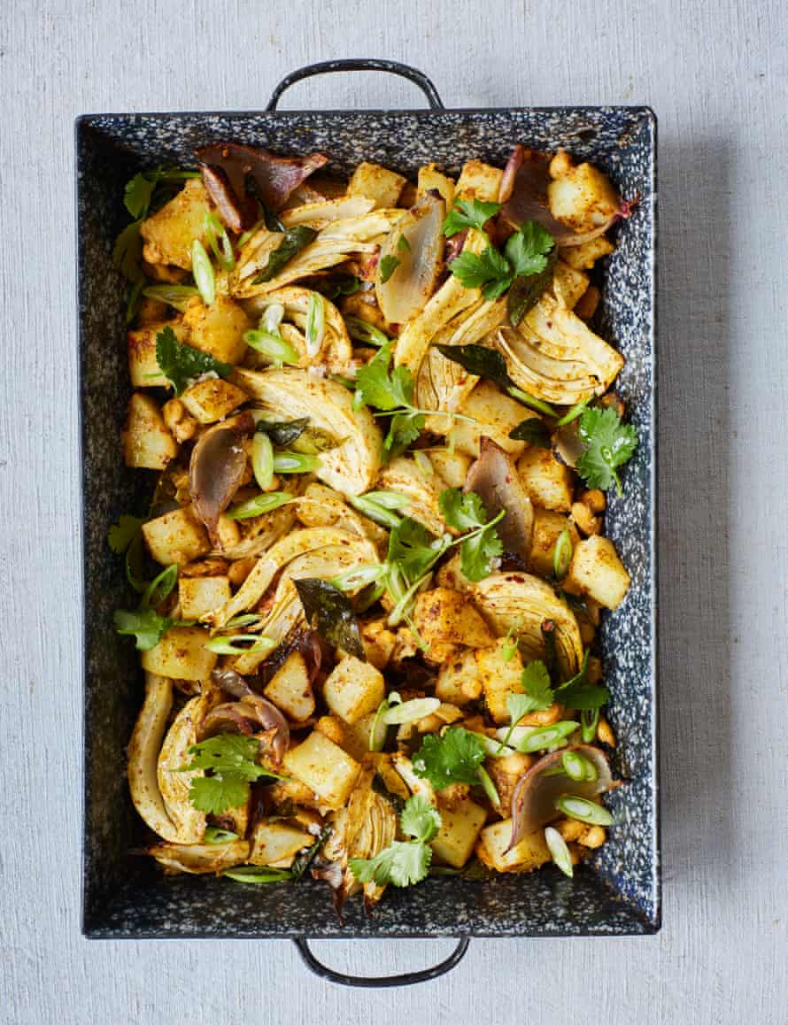 Nik Sharma’s oven roasted potatoes, fennel, and white beans with sambar masala