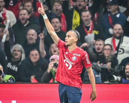 Ethan Mbappé celebrates after scoring Lille’s equaliser in their 1-1 draw against PSG.