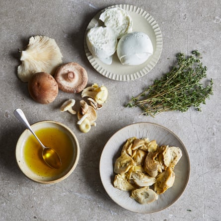 Ingredients for Tray-baked ail mushroom, mascarpone and artichoke pizza