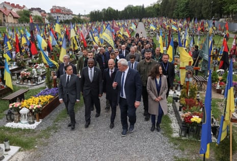 Spanish Minister of Foreign Affairs Jose Manuel Albares Bueno, Britain’s foreign secretary David Lammy, France’s Minister for Europe and Foreign Affairs Jean-Noel Barrot, Ukraine’s Minister of Foreign Affairs Andrii Sybiha and foreign ministers of European countries commemorate fallen defenders of Ukraine at a military cemetery before a Ukraine-EU meeting, amid Russia’s attack on Ukraine, in Lviv, Ukraine.