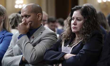 Capitol Police sergeant Aquilino Gonell, left, and Sandra Garza, the longtime partner of Brian Sicknick, at the US Capitol in Washington DC in July 2022. 