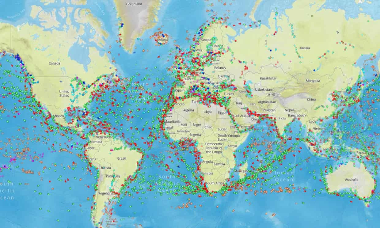 A map of global marine traffic on 26 June 2017 at 15.30 GMT.