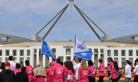 Aged care workers protesting outside Parliament House in Canberra late last month