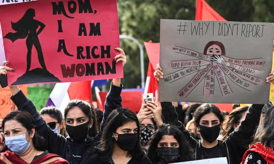 A rally in Islamabad to mark International Women’s Day on 8 March. Imran Khan said a rise in rape cases was a result of a society where ‘vulgarity is on the rise’.