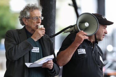 Piers Corbyn (left), the brother of former Labour Party leader Jeremy Corbyn, speaking at a Stop New Normal protest at Portobello Green in London on 30 August, 2020.