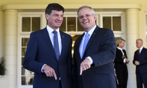 New energy minister Angus Taylor (left) with new prime minister Scott Morrison. Taylor used a speech on Thursday to emphasise that his focus in the portfolio will be on reducing power prices.