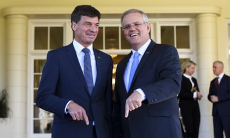 Scott Morrison (right) poses for photographs with Australian energy minister Angus Taylor last week.