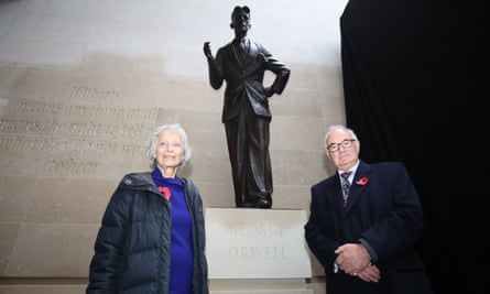Baroness Whitaker and Richard Blair at the unveiling of a bronze statue of George Orwell.
