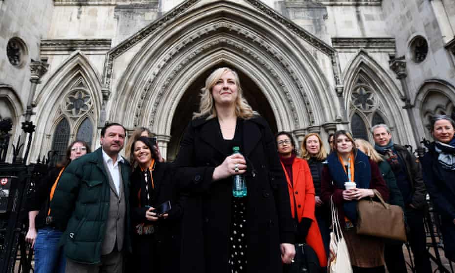 Carole Cadwalladr and her supporters outside the high court earlier this year.