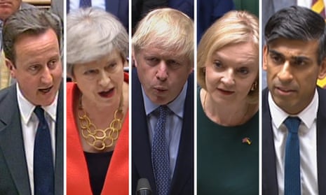 Composite of five Tory prime ministers: David Cameron, Theresa May, Boris Johnson, Liz Truss and Rishi Sunak 