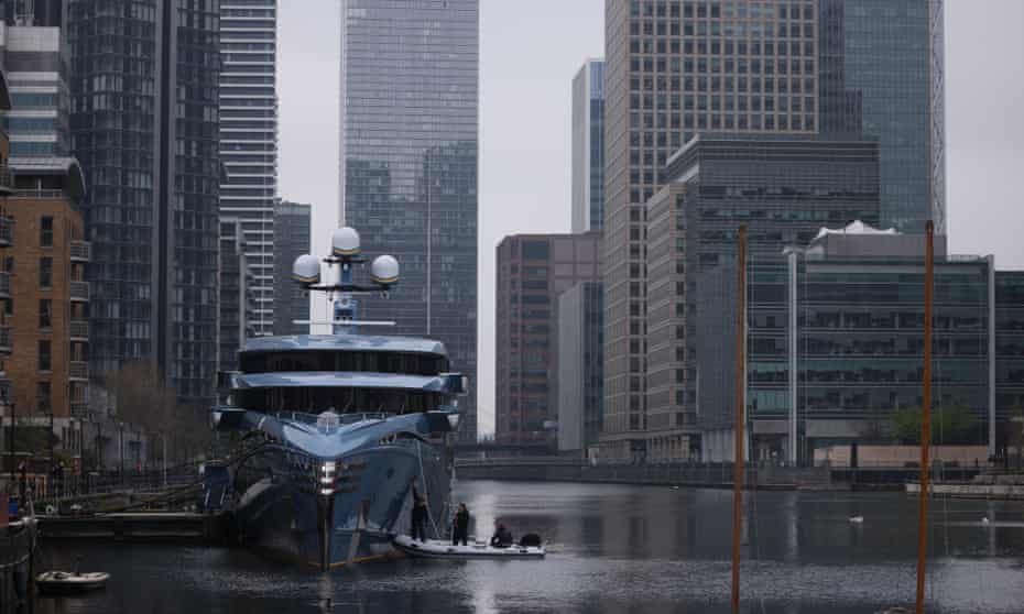 The superyacht Phi, which was seized by the UK government, at Canary Wharf, London, on 29 March. 