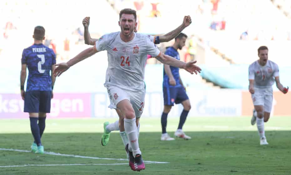Aymeric Laporte celebrates after scoring for Spain against Slovakia at Euro 2020.