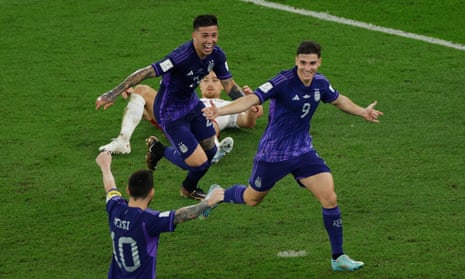 Argentina’s Julián Álvarez celebrates after scoring their second goal against Poland