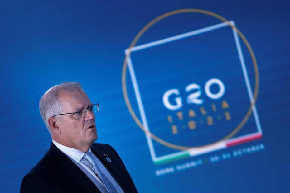 Scott Morrison arrives for a meeting at the G20 summit in Rome