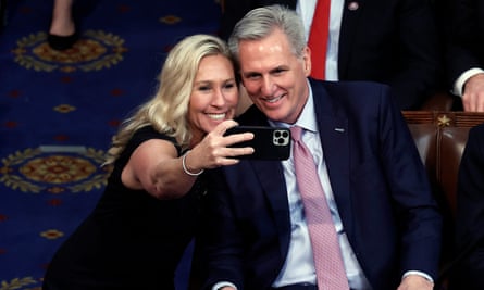 Green takes a selfie with Kevin McCarthy in the House chamber on 7 January.