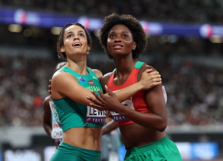 Australia’s Torrie Lewis checks her time after running a 100m heat at the World Athletics Championships in Tokyo