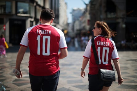 Denmark fans wearing Christian Eriksen shirts in Copenhagen before Thursday’s match against Belgium.